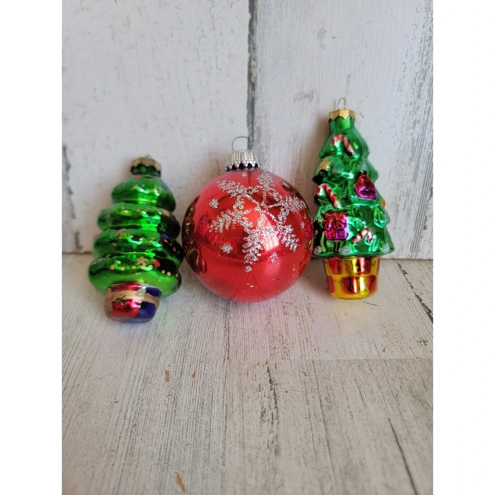 Vintage glass Xmas tree red ball snowflake unique ornament set glitter